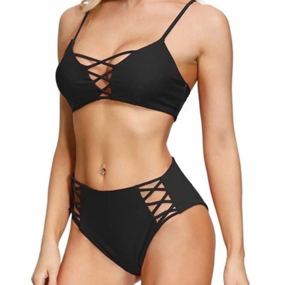 Black High Rise Bikini Lace Up Strappy Swim Suit Small Nwt - Picture 3 of 7